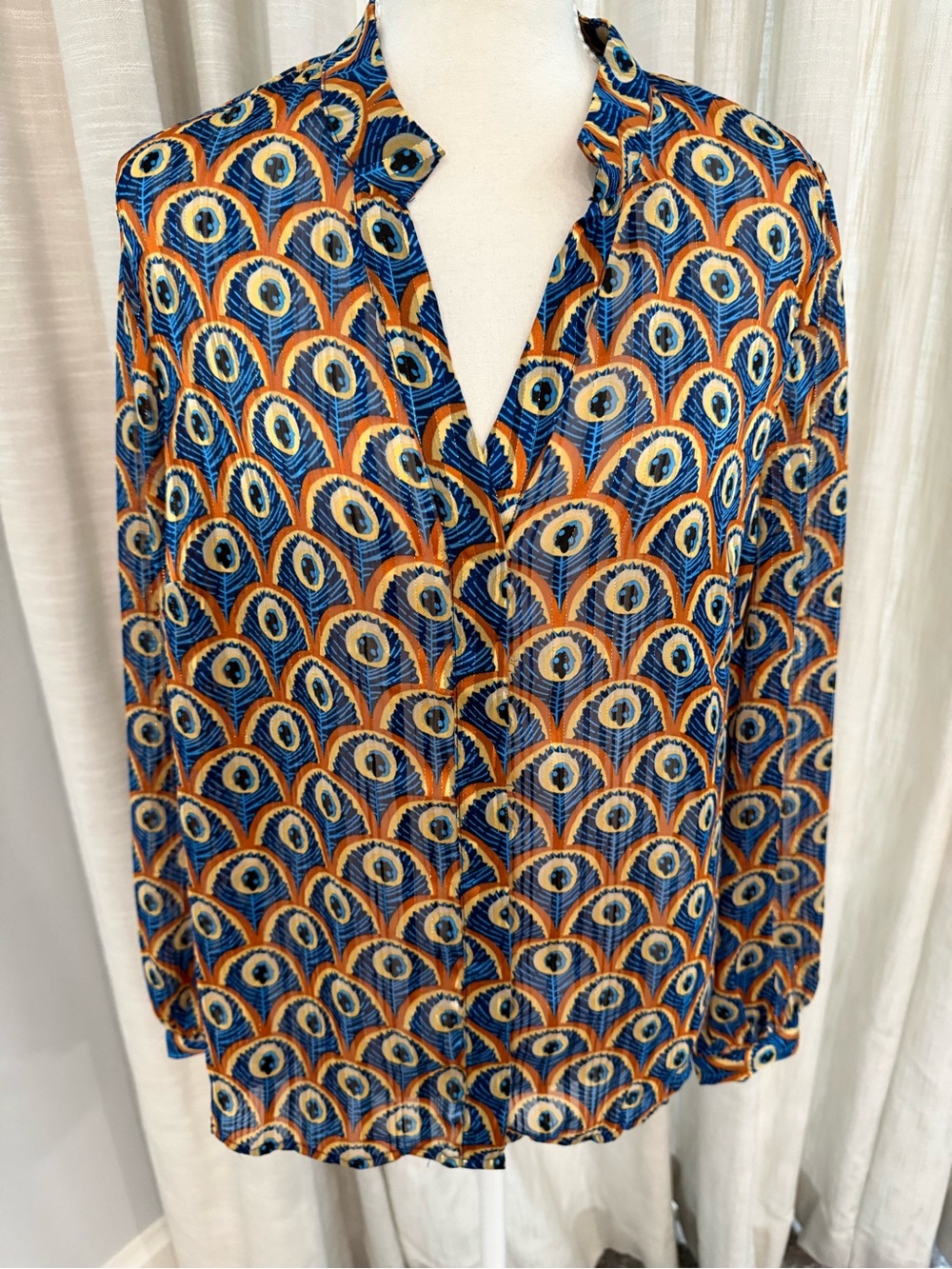 Vibrant Peacoat-Style Geometric Button-Up Blouse - Blue & Orange